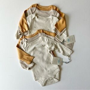 2 Cloud Island 3pc Ribbed Cream and Tan Baby Bodysuit Set Long Sleeve Bird Print